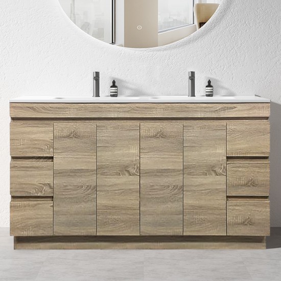 MADRID 1800X460X850MM PLYWOOD FLOOR STANDING VANITY - LIGHT OAK WITH DOUBLE POLYMARBLE TOP