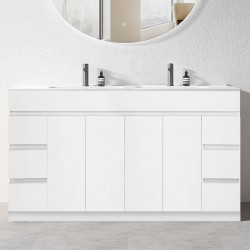 MADRID 1800X460X850MM PLYWOOD FLOOR STANDING VANITY - GLOSS WHITE WITH DOUBLE POLYMARBLE TOP