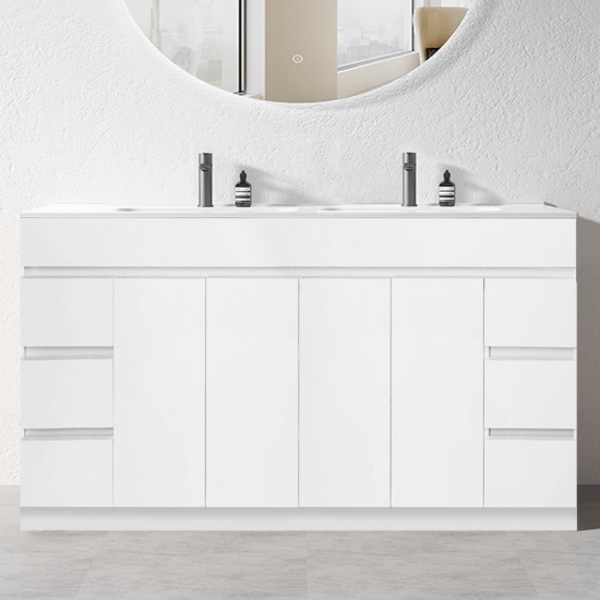 MADRID 1800X460X850MM PLYWOOD FLOOR STANDING VANITY - GLOSS WHITE WITH DOUBLE POLYMARBLE TOP