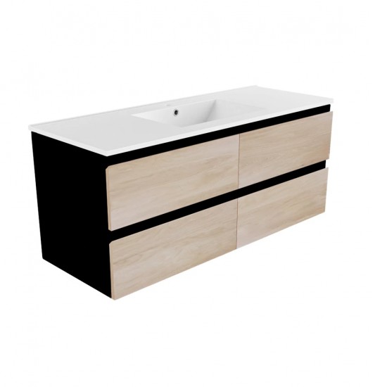 NELSON 1200X460X580MM PLYWOOD WALL HUNG VANITY - BLACK AND LIGHT OAK WITH CERAMIC TOP