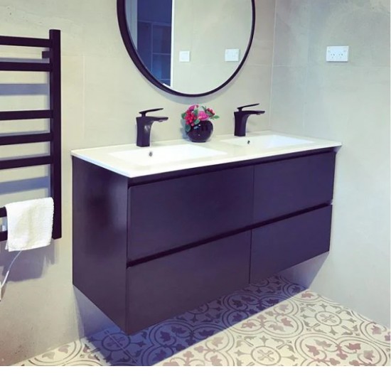 NELSON 1500X460X580MM PLYWOOD WALL HUNG VANITY - BLACK WITH DOUBLE CERAMIC TOP