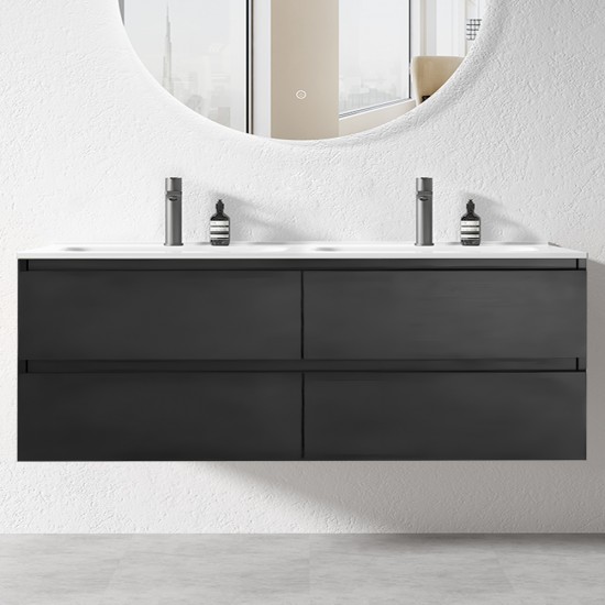 NELSON 1800X460X580MM PLYWOOD WALL HUNG VANITY - BLACK WITH DOUBLE POLYMARBLE TOP