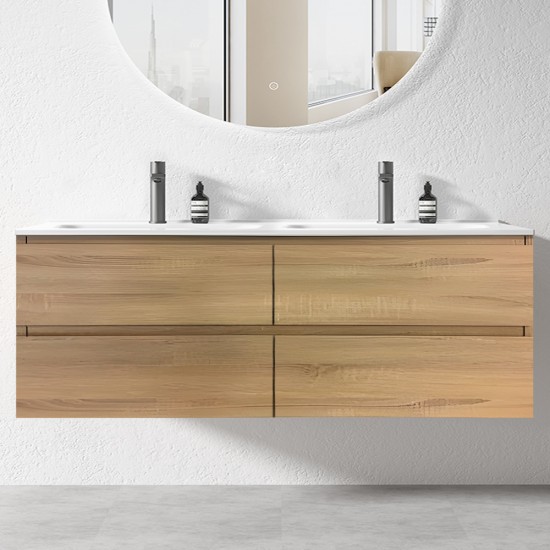 NELSON 1800X460X580MM PLYWOOD WALL HUNG VANITY - LIGHT OAK WITH DOUBLE POLYMARBLE TOP