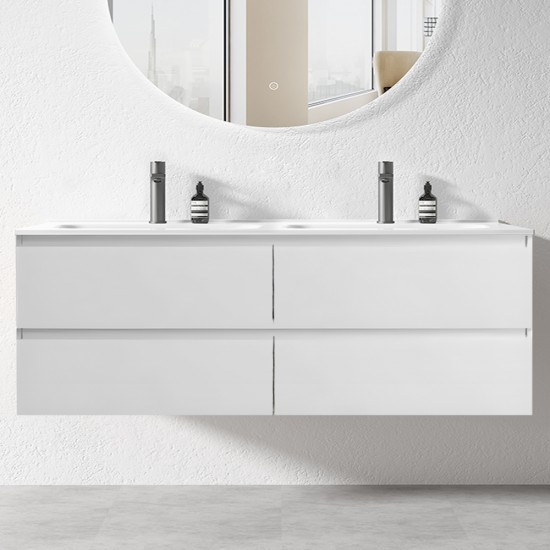 NELSON 1800X460X580MM PLYWOOD WALL HUNG VANITY - GLOSS WHITE WITH DOUBLE POLYMARBLE TOP