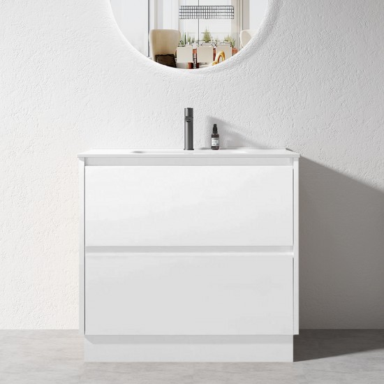 POLO 900X460X850MM PLYWOOD FLOOR STANDING VANITY - WHITE GLOSS WITH CERAMIC TOP