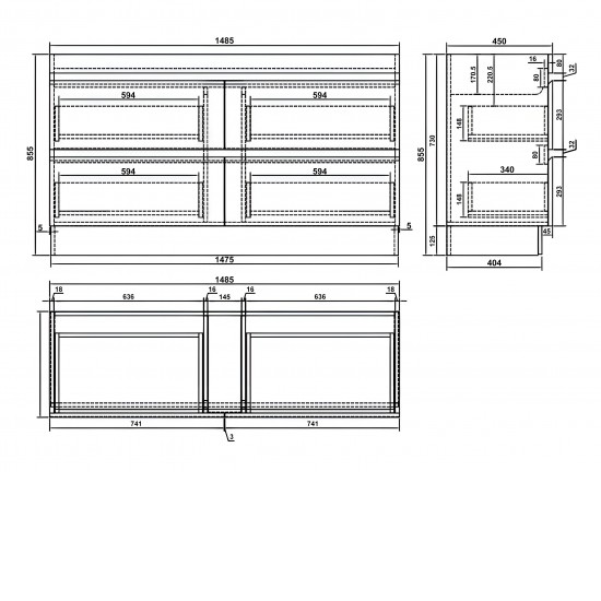 POLO 1500X450X850MM PLYWOOD FLOOR STANDING VANITY - BLACK WITH DOUBLE CERAMIC TOP