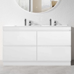POLO 1800X450X850MM PLYWOOD FLOOR STANDING VANITY - GLOSS WHITE WITH DOUBLE POLYMARBLE TOP