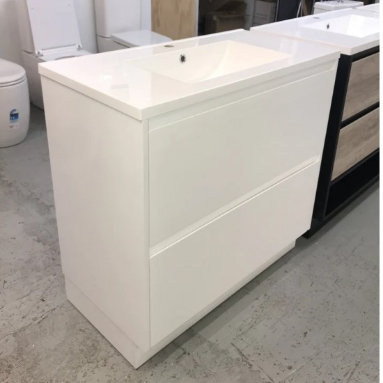POLO 900X460X850MM PLYWOOD FLOOR STANDING VANITY - WHITE GLOSS WITH CERAMIC TOP