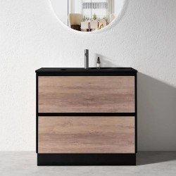 POLO 900X460X850MM PLYWOOD FLOOR STANDING VANITY - BLACK AND LIGHT OAK WITH BLACK POLYMARBLE TOP