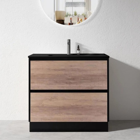POLO 900X460X850MM PLYWOOD FLOOR STANDING VANITY - BLACK AND LIGHT OAK WITH BLACK POLYMARBLE TOP