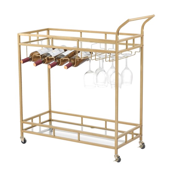 Bar Trolley with Glass Shelves Rolling Wine and Service Trolley With Wine Rack And Glass Holder Modern Home Bar Storage Trolley Suitable for Kitchen and Restaurant