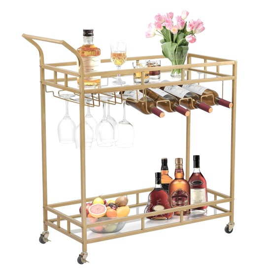 Bar Trolley with Glass Shelves Rolling Wine and Service Trolley With Wine Rack And Glass Holder Modern Home Bar Storage Trolley Suitable for Kitchen and Restaurant