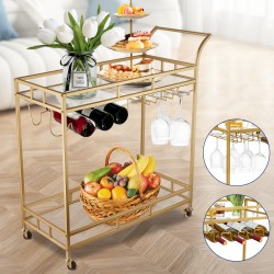 Bar Trolley with Glass Shelves Rolling Wine and Service Trolley With Wine Rack And Glass Holder Modern Home Bar Storage Trolley Suitable for Kitchen and Restaurant