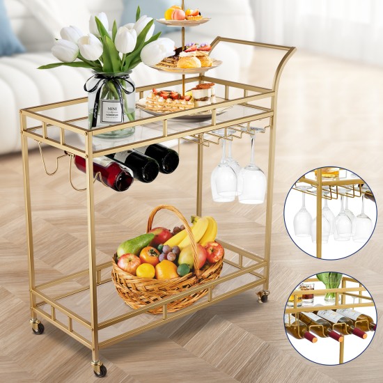Bar Trolley with Glass Shelves Rolling Wine and Service Trolley With Wine Rack And Glass Holder Modern Home Bar Storage Trolley Suitable for Kitchen and Restaurant