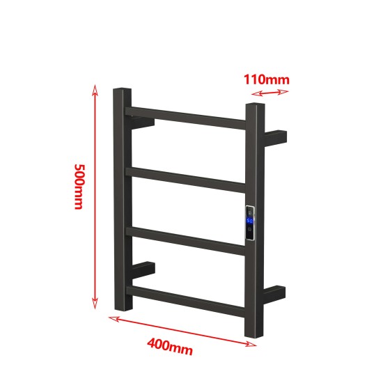 W400 × H500 × D110 mm Square Matt Black Electric With Timer Heated Towel Rack 4 Bars
