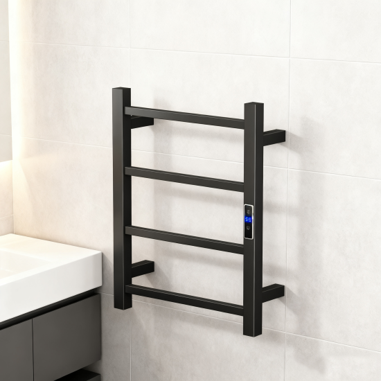W400 × H500 × D110 mm Square Matt Black Electric With Timer Heated Towel Rack 4 Bars