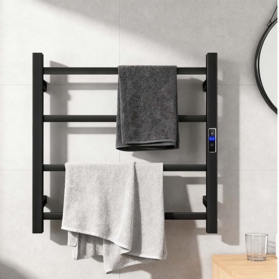 600W× 500H× 110D mm Square Matt Black Electric Heated Towel Rack With Timer 4 Bars