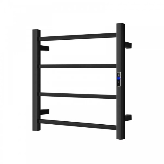 600W× 500H× 110D mm Square Matt Black Electric Heated Towel Rack With Timer 4 Bars