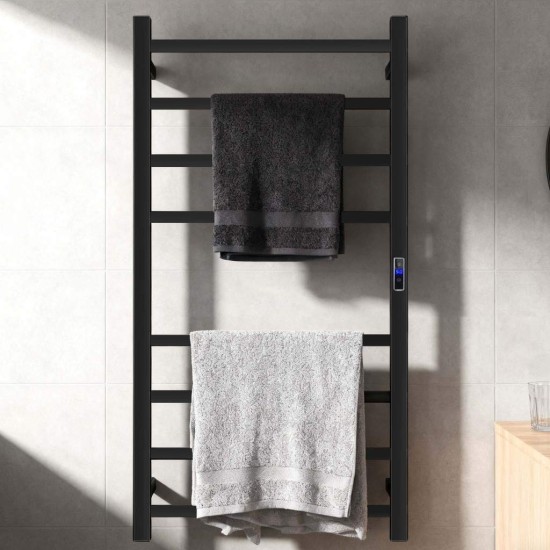 W600 × H1000 × D110mm Square Matt Black Electric Heated Towel Rack With Timer 8 Bars