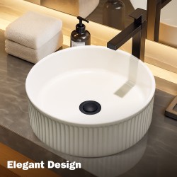 370*370*130mm Bathroom Round Fluted Above Counter Gloss White Ceramic Wash Basin