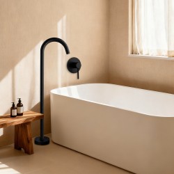 Freestanding Floor Mounted Bath Spout , Solid Brass Black Finish Tap With Wall Mixer Bathtub Tap Set