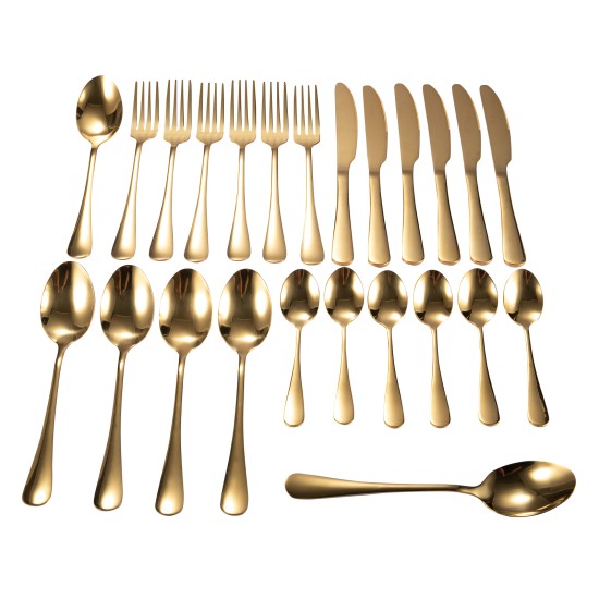 Polished Gold Stainless Steel  Cutlery Set Dinner Knife Fork Spoon 24pcs Set