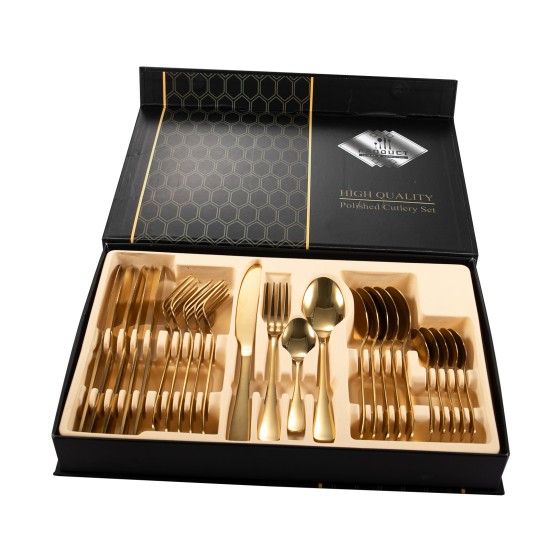 Polished Gold Stainless Steel  Cutlery Set Dinner Knife Fork Spoon 24pcs Set