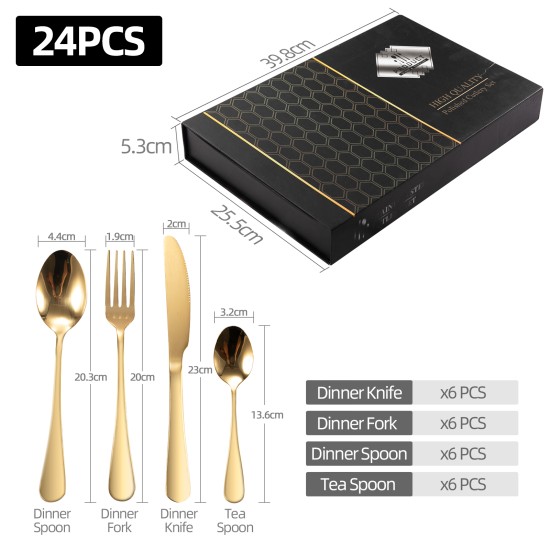 Polished Gold Stainless Steel  Cutlery Set Dinner Knife Fork Spoon 24pcs Set