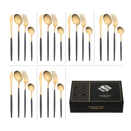 Matte Gold And Black Stainless Steel 304 Cutlery Set Dinner Knife Fork Spoon 24pcs Gift Set