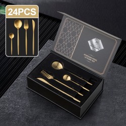 Matte Gold Stainless Steel  Cutlery Set Dinner Knife Fork Spoon 24pcs Gift Set