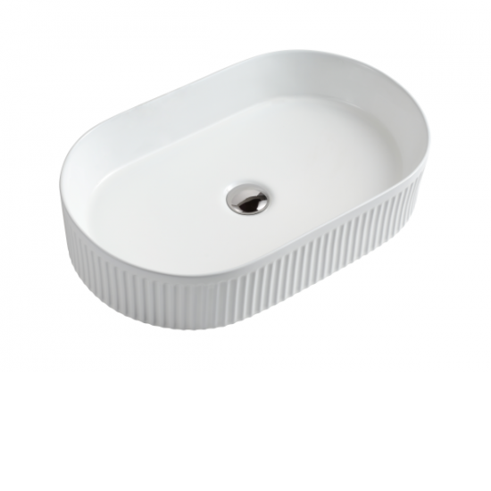 580*360*115mm Bathroom Oval Fluted Gloss White Above Counter Ceramic Wash Basin