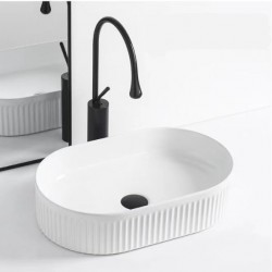 580*360*115mm Bathroom Oval Fluted Gloss White Above Counter Ceramic Wash Basin