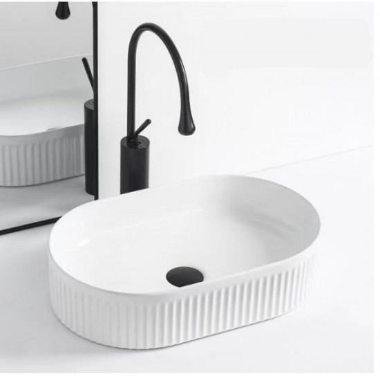 580*360*115mm Bathroom Oval Fluted Gloss White Above Counter Ceramic Wash Basin