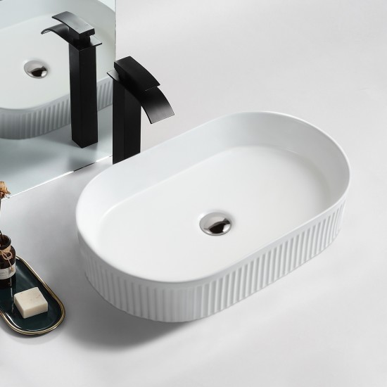 580*360*115mm Bathroom Oval Fluted Gloss White Above Counter Ceramic Wash Basin
