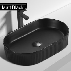 580*360*115mm Bathroom Fluted Oval Above Counter Matt Black Ceramic Wash Basin