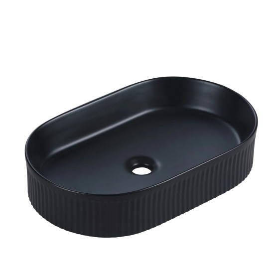 580*360*115mm Bathroom Fluted Oval Above Counter Matt Black Ceramic Wash Basin