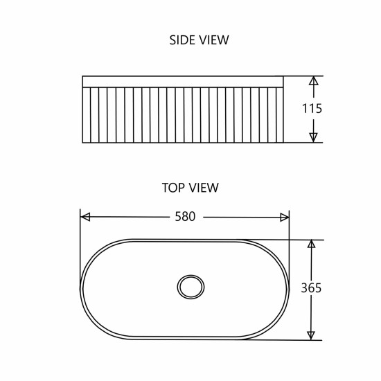 580*360*115mm Bathroom Fluted Oval Above Counter Matt Black Ceramic Wash Basin