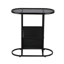 Oval End Table Narrow Tempered Glass Side Table with Magazine Storage (Black Oxford Pouch) Grey Glass & Black Steel