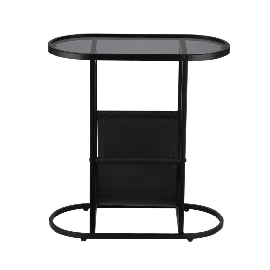 Oval End Table Narrow Tempered Glass Side Table with Magazine Storage (Black Oxford Pouch) Grey Glass & Black Steel