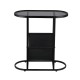 Oval End Table Narrow Tempered Glass Side Table with Magazine Storage (Black Oxford Pouch) Grey Glass & Black Steel