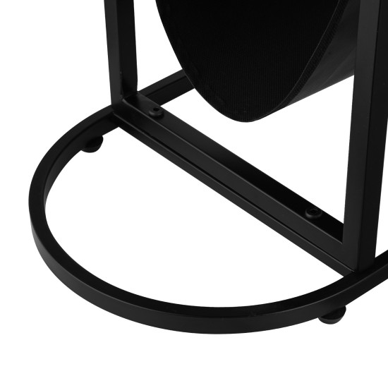 Oval End Table Narrow Tempered Glass Side Table with Magazine Storage (Black Oxford Pouch) Grey Glass & Black Steel