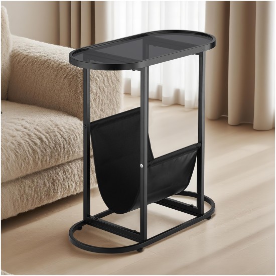 Oval End Table Narrow Tempered Glass Side Table with Magazine Storage (Black Oxford Pouch) Grey Glass & Black Steel