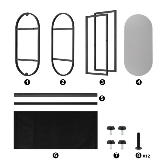 Oval End Table Narrow Tempered Glass Side Table with Magazine Storage (Black Oxford Pouch) Grey Glass & Black Steel