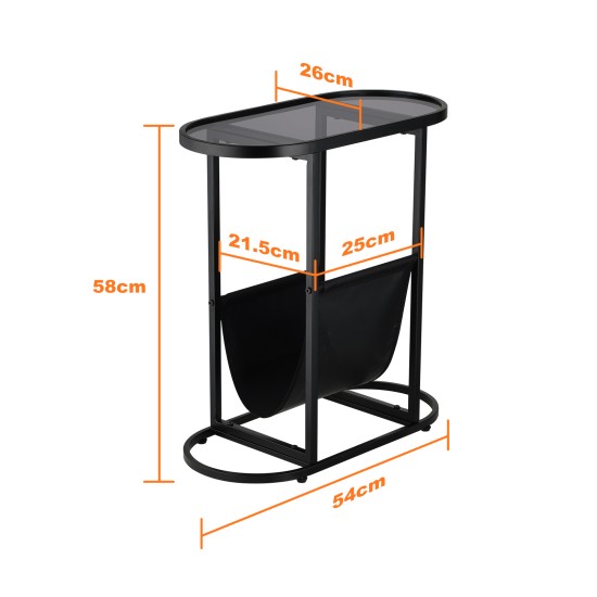 Oval End Table Narrow Tempered Glass Side Table with Magazine Storage (Black Oxford Pouch) Grey Glass & Black Steel