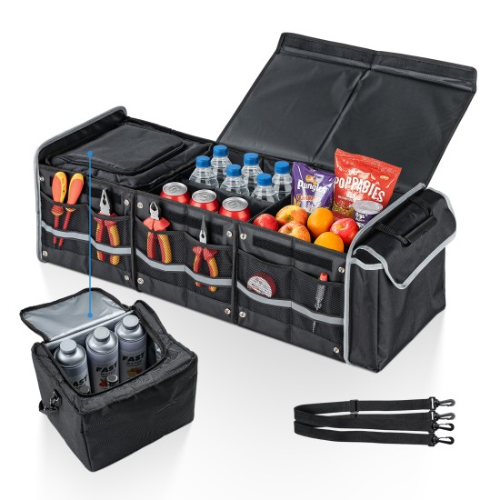 Collapsible Car Trunk Organizer with Removable Leakproof Cooler, Heavy-Duty Oxford, Configurable 2–3 Compartments & 6 Mesh Pockets