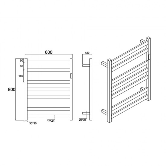 Square 7Bars 800Hx600Wx120D mm Heated Towel Rack With Timer Chrome