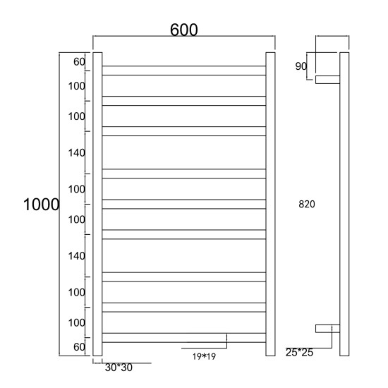 1000Hx600Wx120D Gold Electric Heated Towel Rack 9 Bars