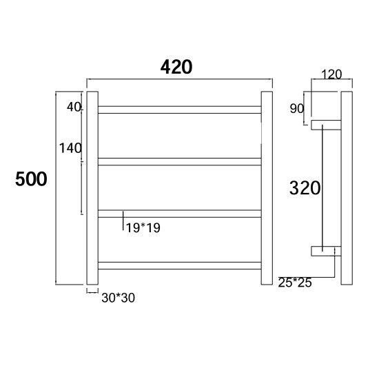 500Hx420Wx120D Gunmetal Grey Electric Heated Towel Rack 4 Bars