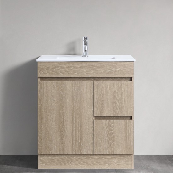 DNF SLIM 750X360X830MM PLYWOOD FLOOR STANDING VANITY - LIGHT OAK WITH CERAMIC TOP