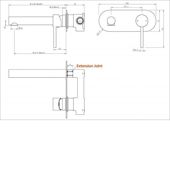 Euro Matt Black Round Bathtub/Basin Wall Mixer With Spout Color Up Extend